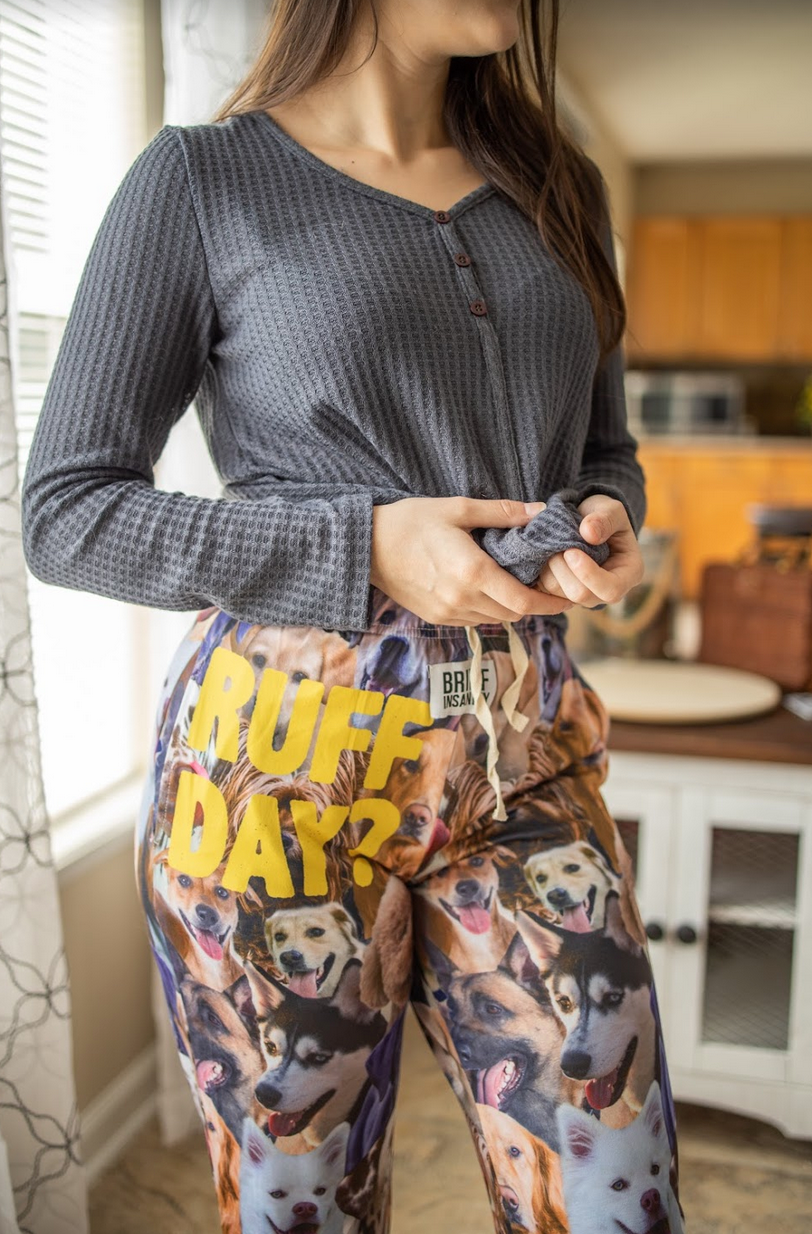 Image of female model posing wearing Ruff Day pajama lounge pants (side view)