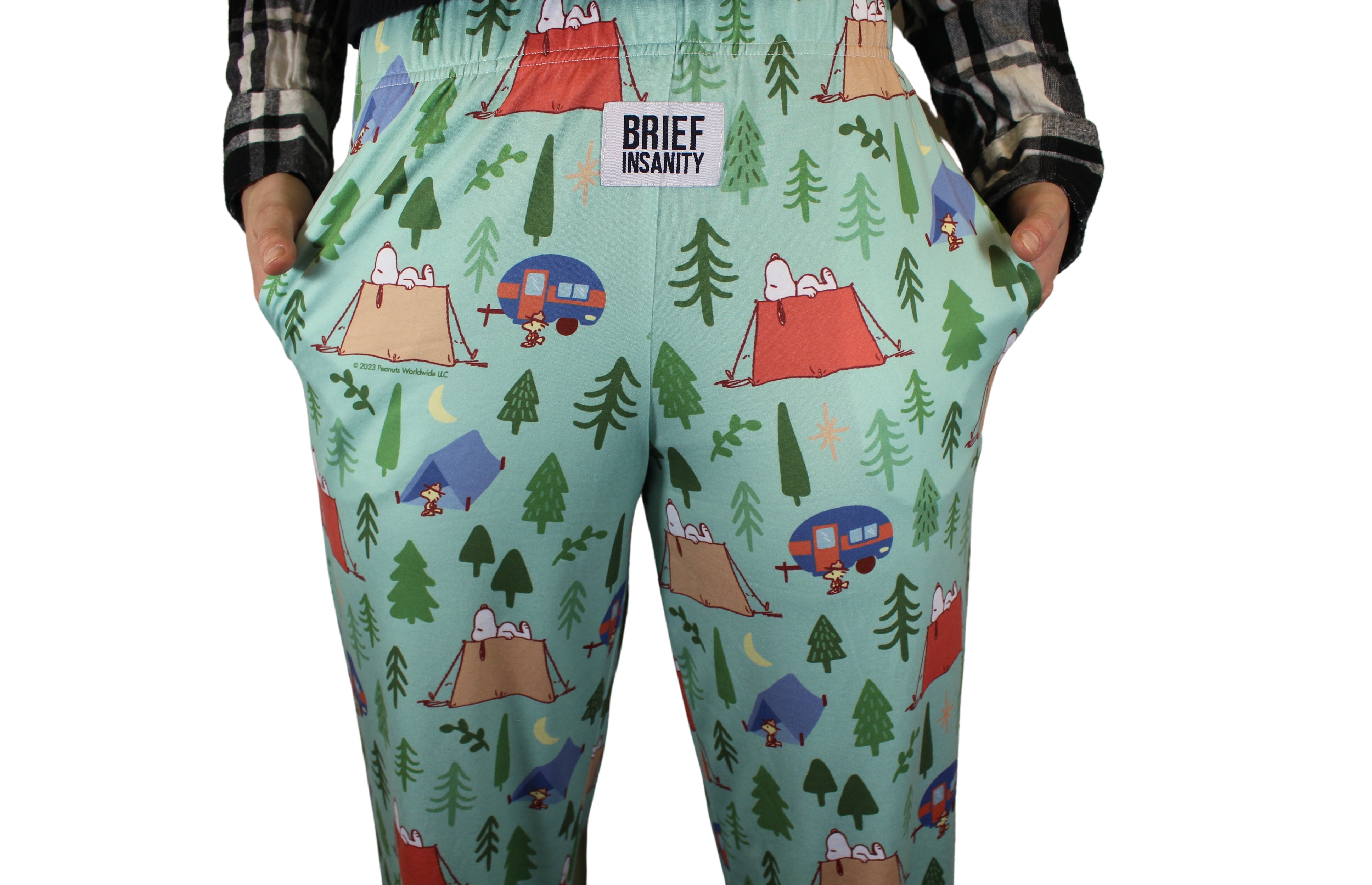 Snoopy Camping Pattern pajama lounge pants on model close up view (front view)