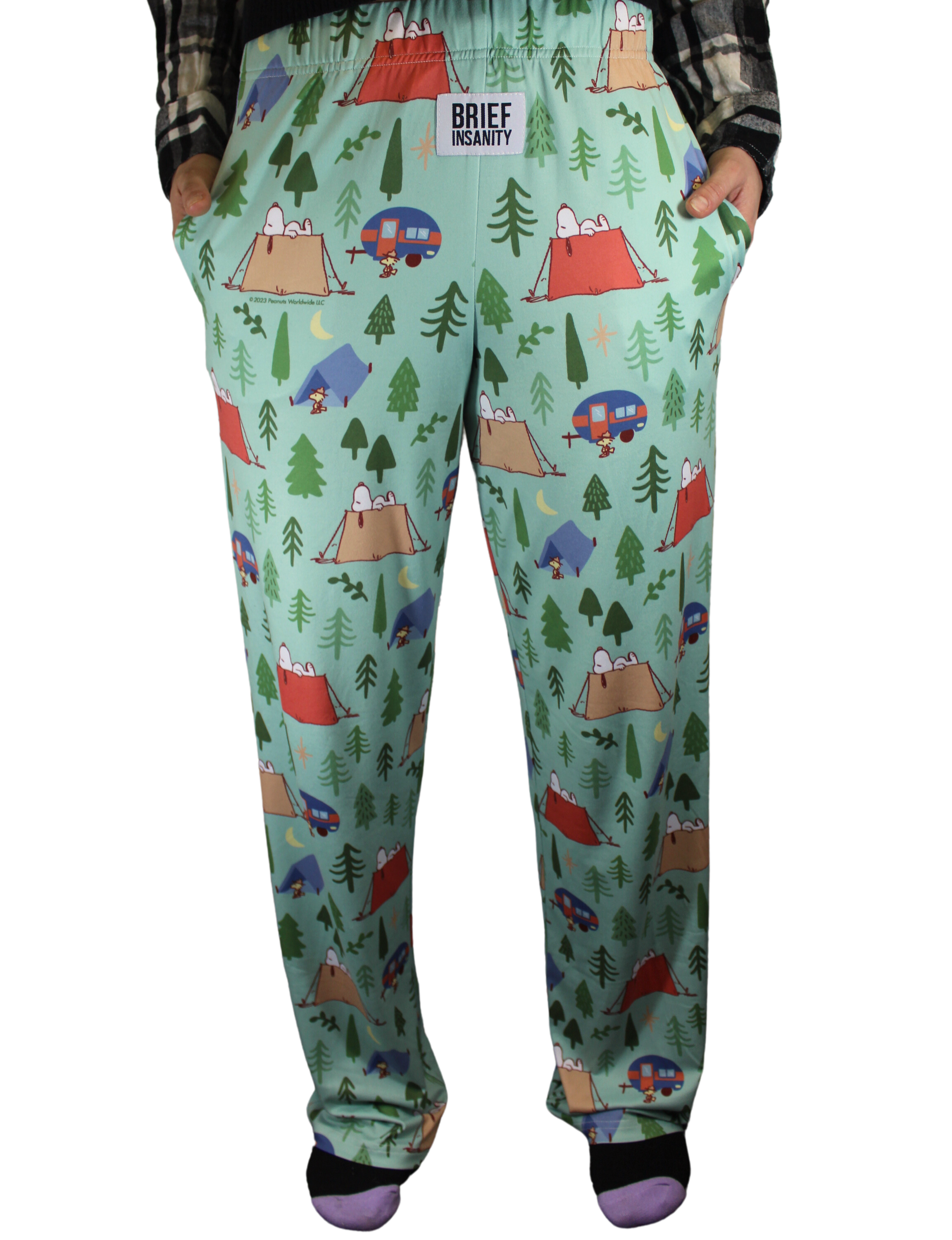 Snoopy Camping Pattern pajama lounge pants on model (front view)