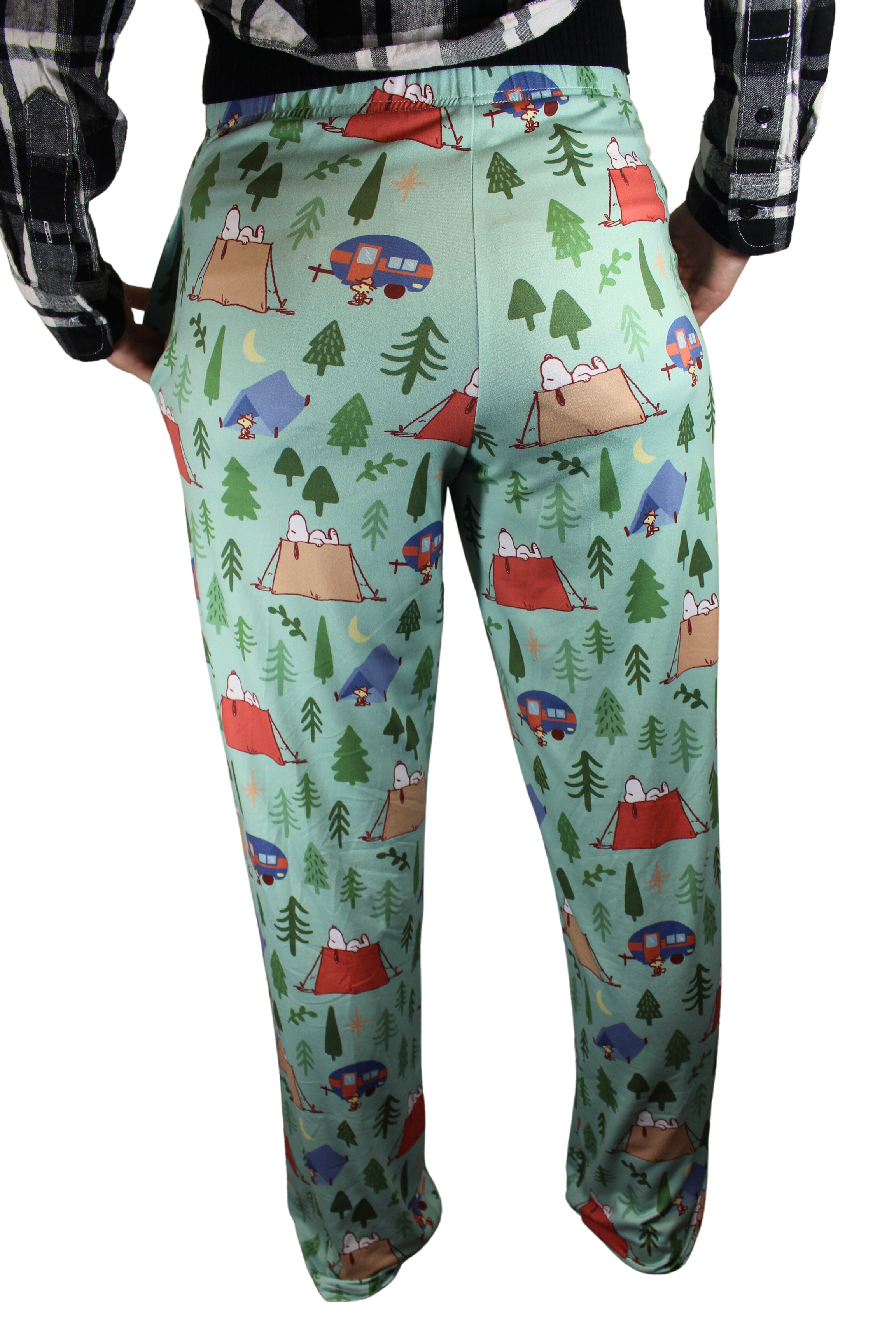 Snoopy Camping Pattern pajama lounge pants on model (back view)