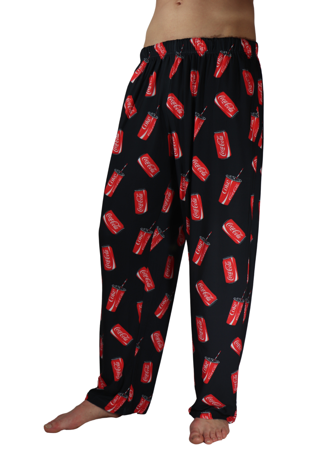 Coca-Cola Can & Cup Pattern Pajama Lounge Pants on model left side angle view