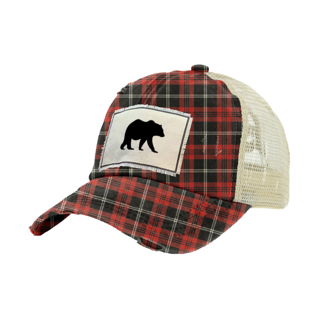 BRIEF INSANITY Plaid Bear - Vintage Distressed Trucker Adult Hat