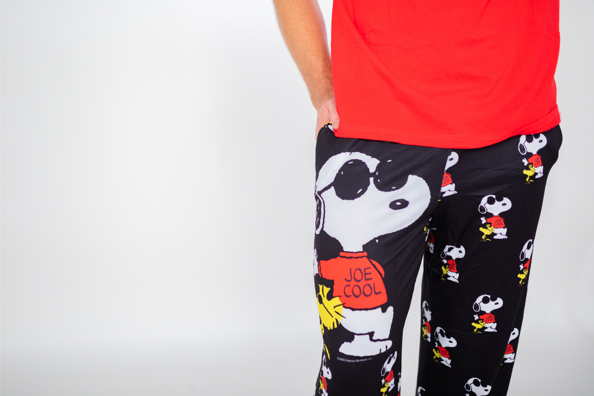 Waist down photo of model wearing Snoopy Joe Cool pajama lounge pants front view (white background)