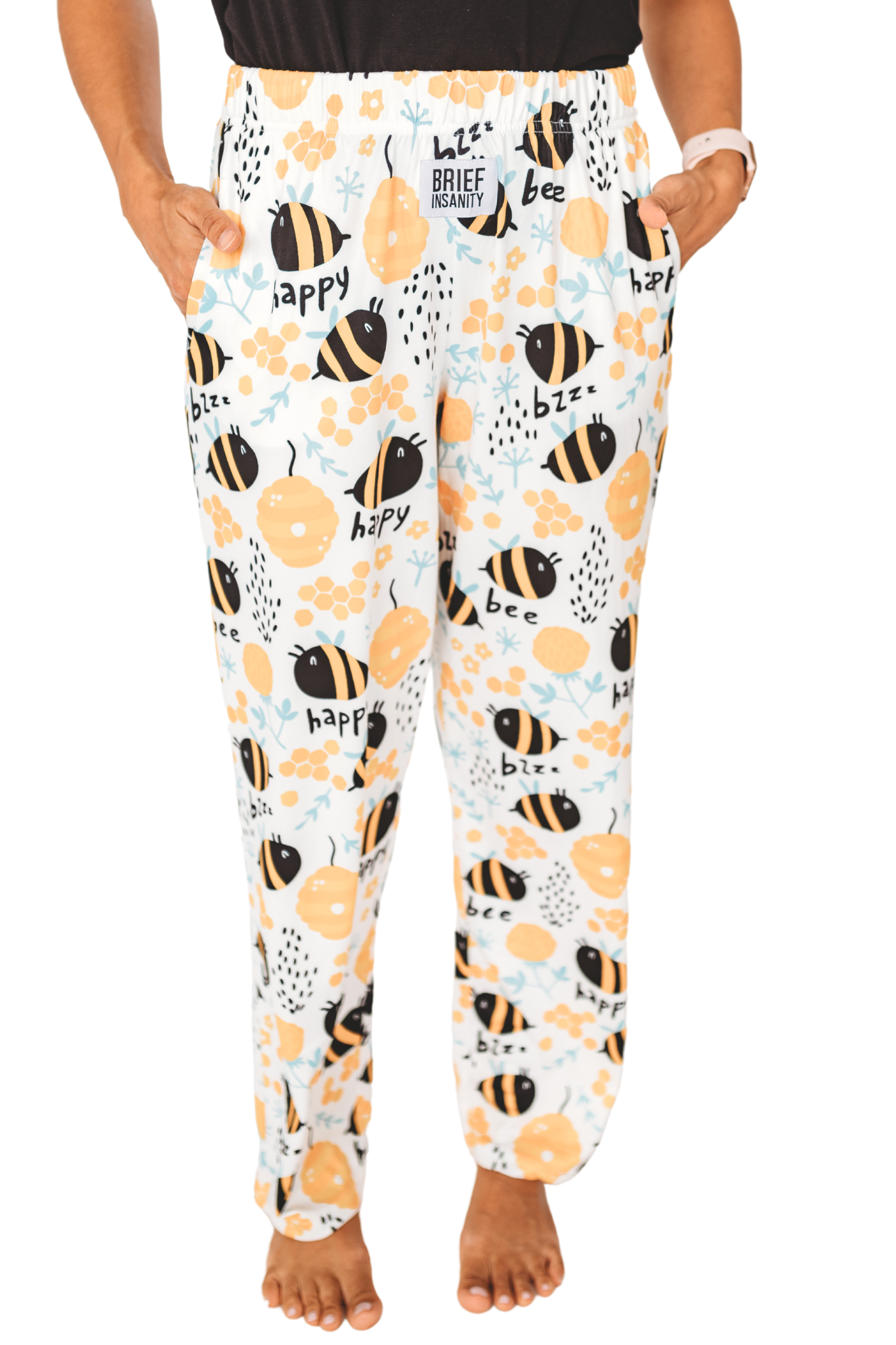 Waist down photo of model wearing Honey Bee pajama lounge pants front view (white background)