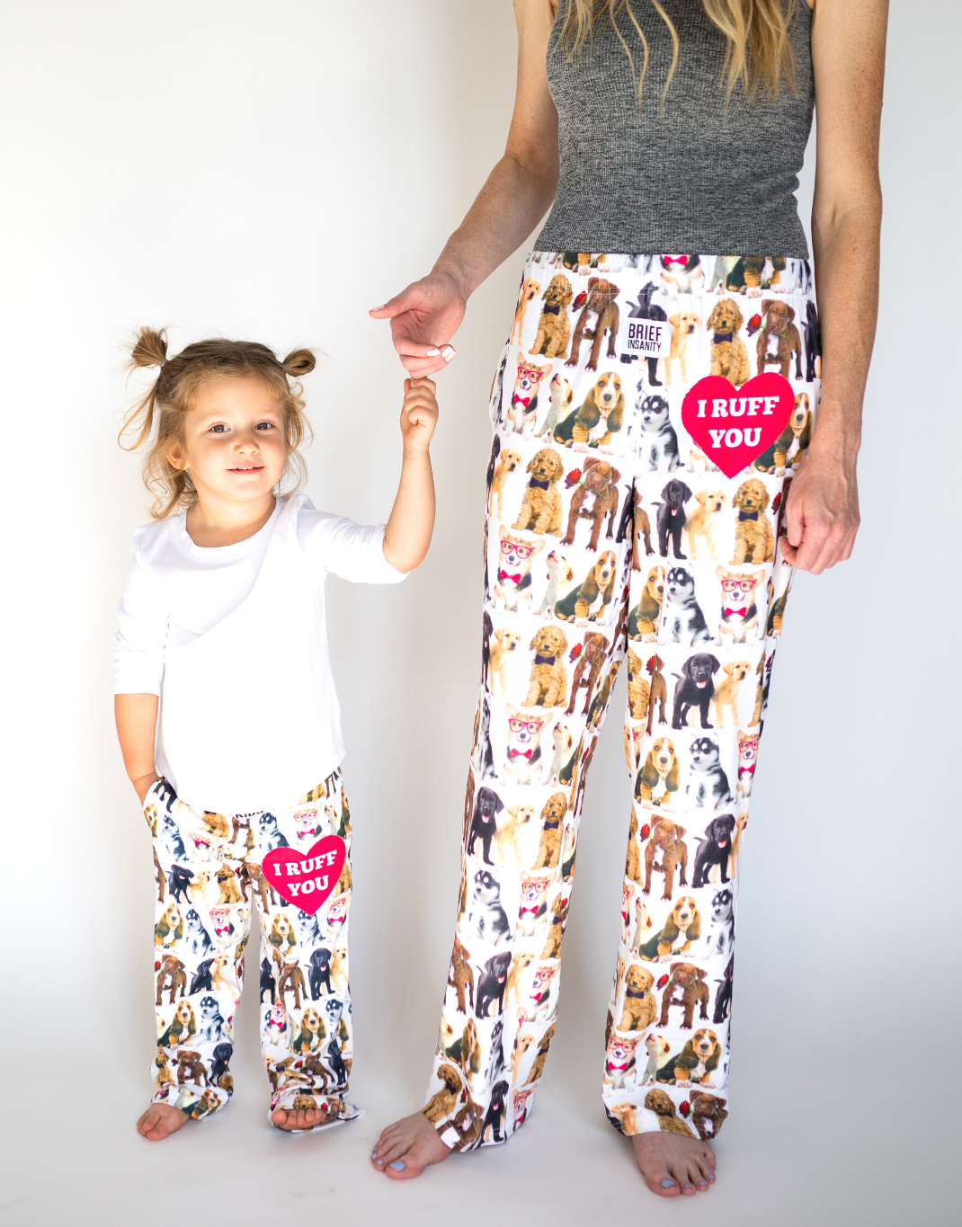 Briefly Kids I Ruff You Pajama Lounge Pants Toddler holding hands with an adult model wearing Adult I Ruff You Pajama Lounge Pants