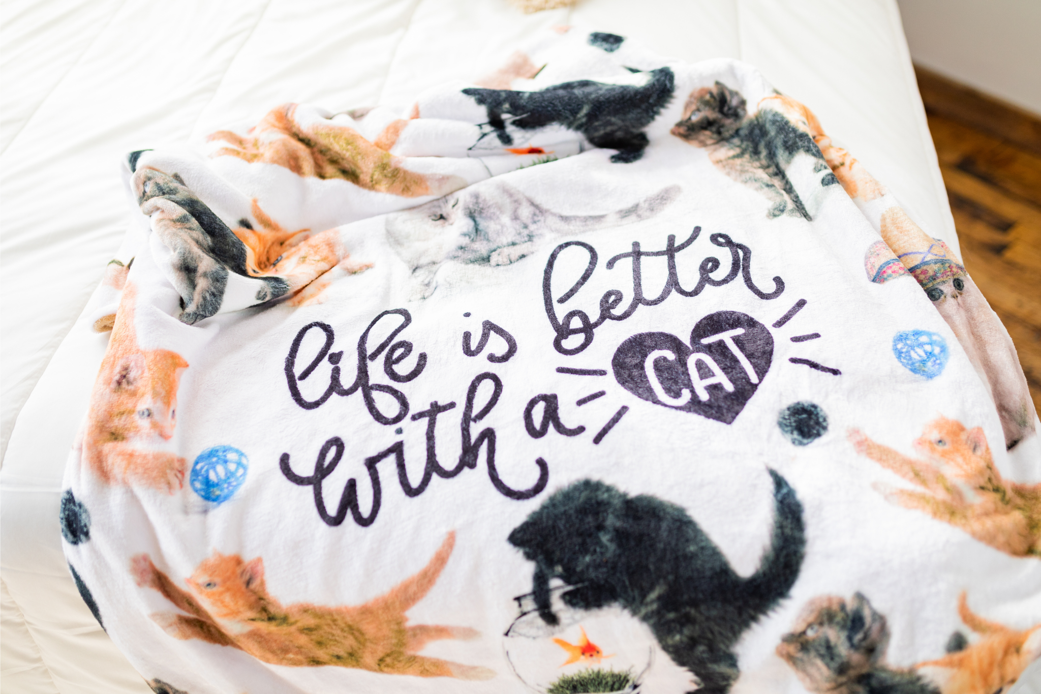 BRIEF INSANITY Life Is Better with A Cat Throw Blanket close up image on bed