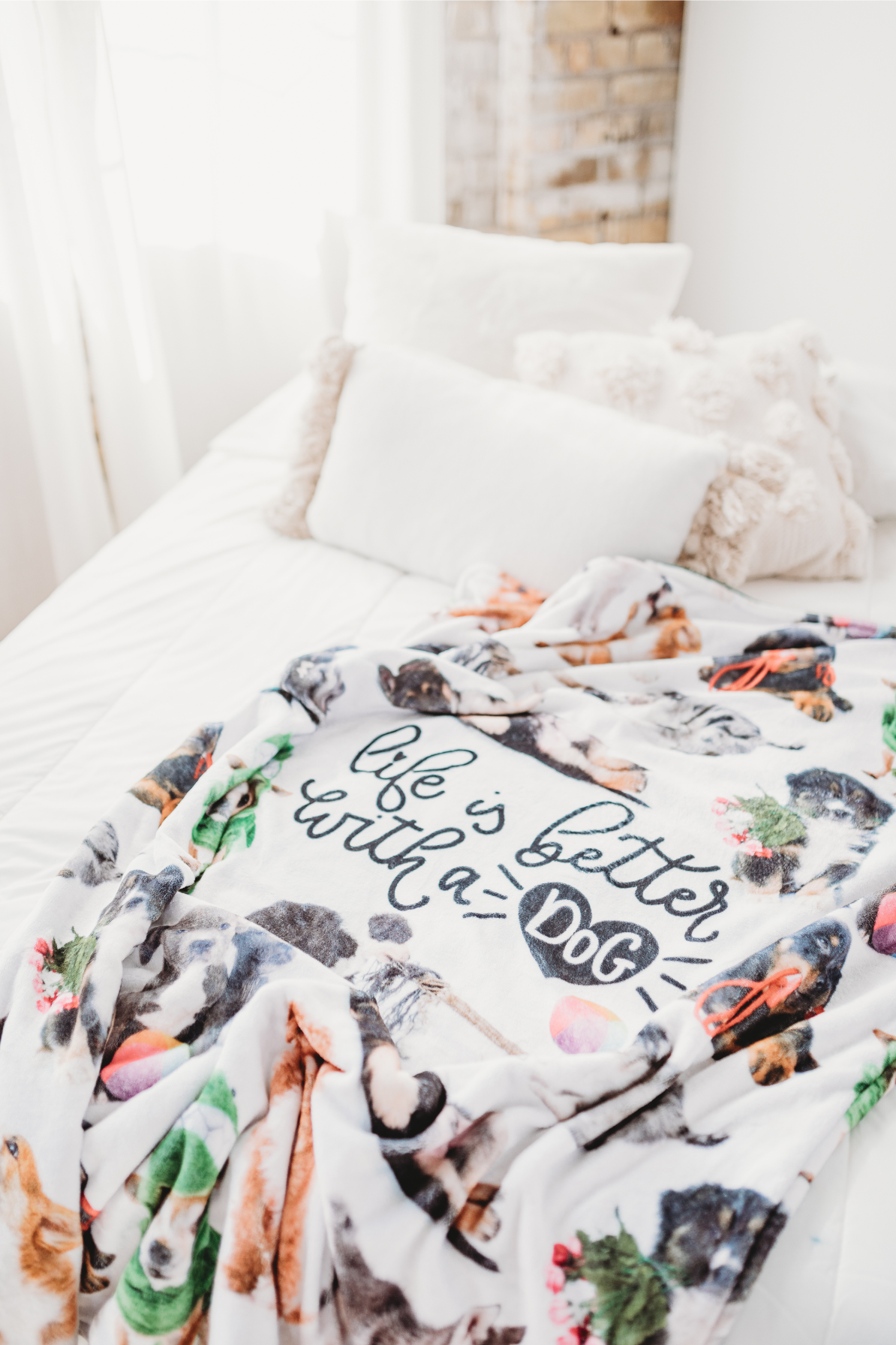 BRIEF INSANITY Life Is Better With A Dog Throw Blanket laid out on bed closer image