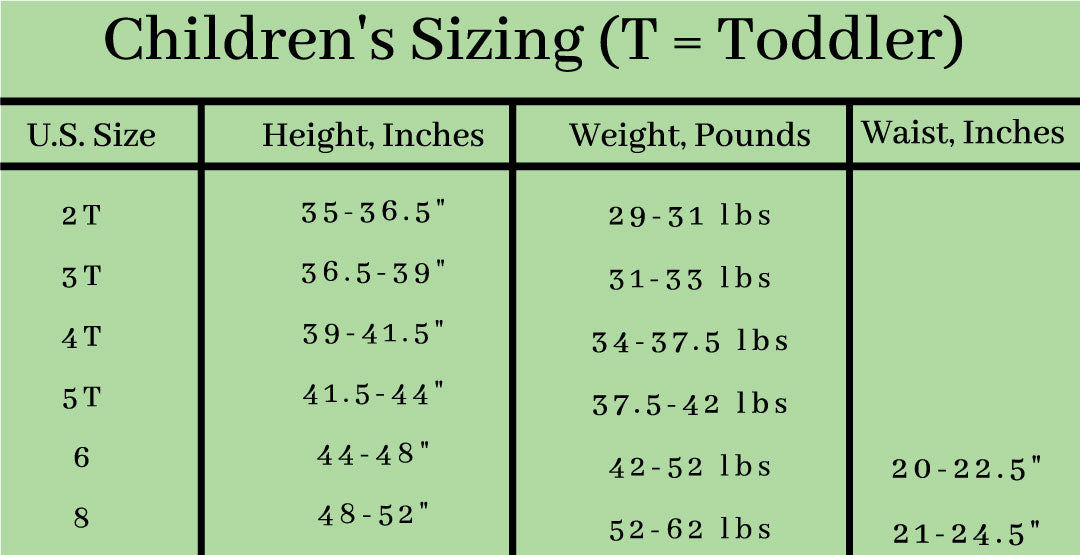 BRIEF INSANITY Children's Sizing Chart for Kids Pajama Pants (Inches)